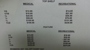 Current prices at The Green Solution, one of the first recreational cannabis stores in Denver 