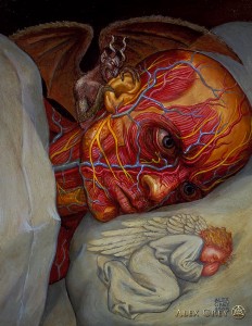 Title: Life Without Sleep, No Life At All, Source: http://alexgrey.com/wp-content/uploads/2012/07/Alex_Grey-Insomnia.jpg