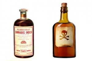 5 Ways Cannabis Succeeds Where Alcohol Fails, Sources: http://upload.wikimedia.org/wikipedia/commons/a/a3/Drug_bottle_containing_cannabis.jpg & http://educateria.files.wordpress.com/2012/09/alcohol-poison.jpg