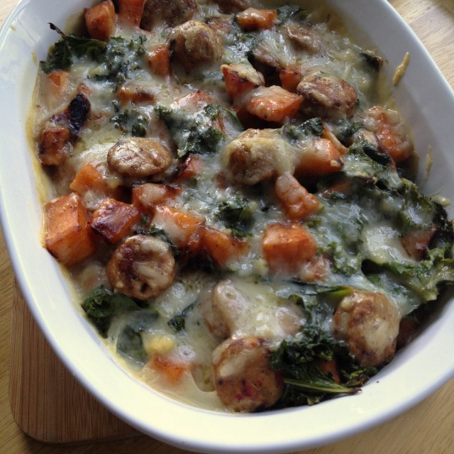 Great Edibles Recipes: Sweet Potato, Sausage, and Kale Baked Bowl, Source: http://tastefullygf.wordpress.com/2014/05/12/gluten-free-weekly-meal-what-i-ate-last-week-3/