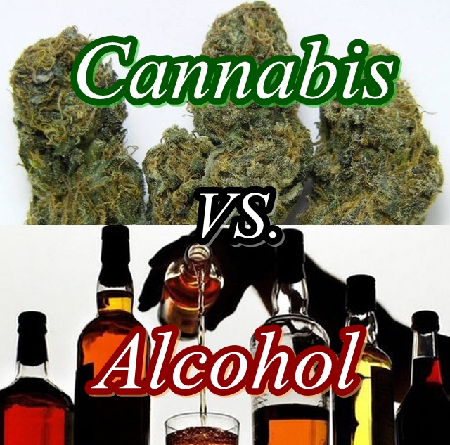 Showdown: Cannabis vs. Alcohol, Source: http://weedsmokersguide.com/pictures/Northern-Lights-x-Apollo-G13-Marijuana-Buds.jpg & http://i2.wp.com/www.sopitas.com/site/wp-content/uploads/2014/05/alcohol_oms2.jpg?w=640