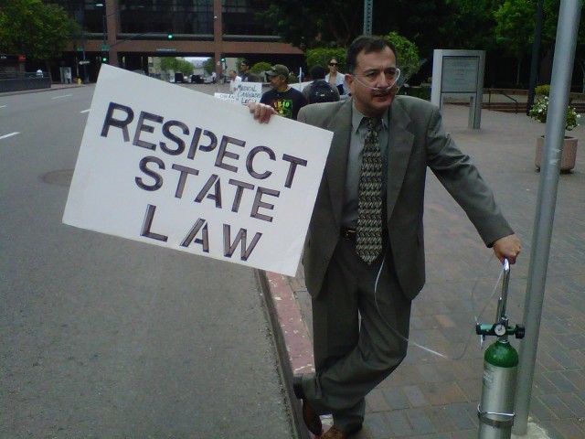 medical marijuana Respect State Law, Source: http://www.safeaccesssd.org/2010/07/medical-marijuana-advocates-protest.html