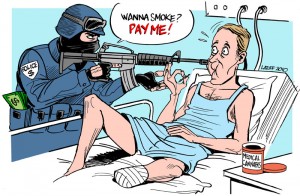 Title: MMJ Users Likely a Different Demographic Than Recreational Marijuana (RMJ) Users, Source:http://fc07.deviantart.net/fs71/f/2010/026/1/d/War_on_medical_marijuana_by_Latuff2.jpg